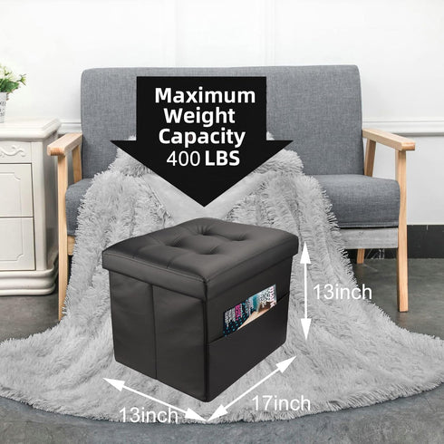 L17W13H13inches Collapsible Ottoman with Storage - Foot Rest Ottoman with Side Pocket - Black