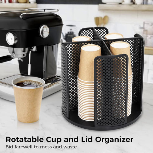 Rotatable Cup and Lid Organizer with 4 Compartments, Coffee Cup Dispenser, Paper Cup Storage Holder, for Countertop Bathroom Kitchen Bedroom Coffee Shop (Black) by BATTIPAW