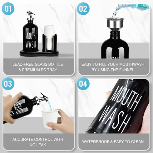 Set Bathroom,16 OZ 14 Glass Mouthwash Dispenser with Cup Holder,BYAWAY Mouthwash for Refillable Mouthwash Bottle