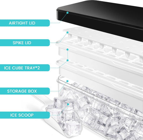 Ice Cube Trays with Lid & Bin, 64 pcs Ice Cubes, Easy Press Release, 2 Trays, 1 Ice Bucket & Scoop, Black