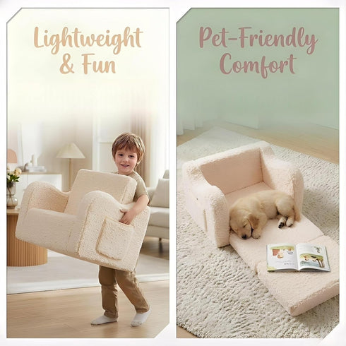 2-in-1 Cozy MOMCAYWEX Kids Sofa, Flip-Out Foam Couch with Soft Sherpa Cover, Play Lounge Chair, Cream