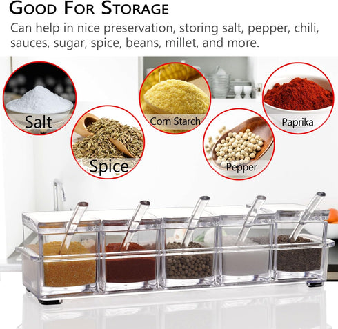 V·RESOURCING Clear Seasoning Box, 5 Pieces Clear Storage Container for Spice, Salt, Sugar, Condiment Jars with Spoons