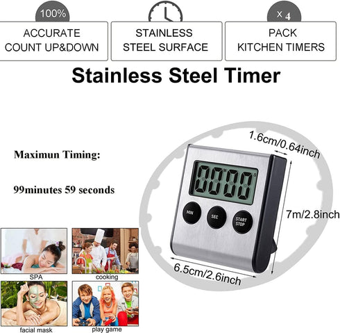 2 Pack Kitchen Timer - Digital Magnetic Countdown Timer with Loud Alarm, Stainless Steel Kitchen Timer for Cooking,