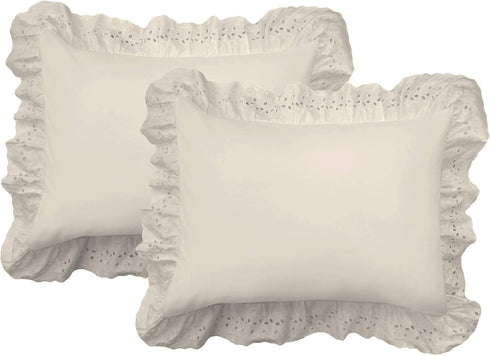 FRESH IDEAS Ruffled Bed Pillow Shams, King, Ivory, 2-Pack with Embroidered Eyelet Detail