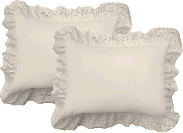 FRESH IDEAS Ruffled Bed Pillow Shams, King, Ivory, 2-Pack with Embroidered Eyelet Detail