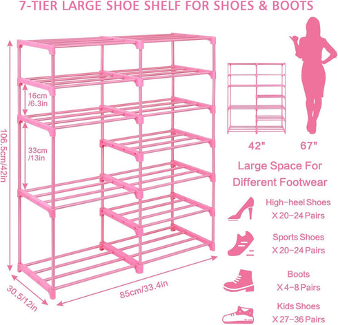 7-Tier 24 -30 Closet LNYZQUS Large Pink Shoe Rack, Pairs Tall Shoe Organizer Shelf, Kids Boots Stand Organizer