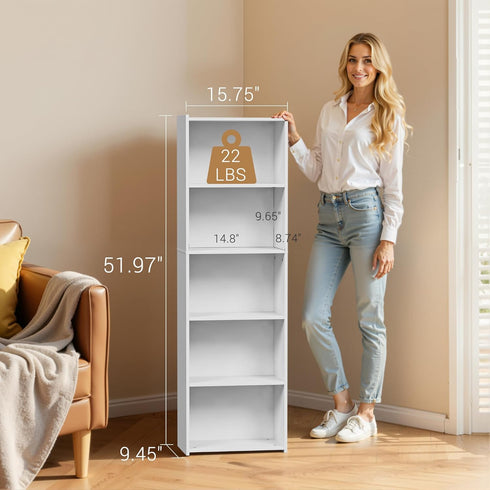 5-Tier ZENY Shelf Bookcase, Freestanding Wood Storage Display Open Bookshelf for Home Office, White