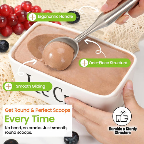 CUNSENR Stainless Steel Ice Cream Scoop - Heavy Duty Ice Cream Scooper with Ergonomic Handle - One-Piece Metal Ice