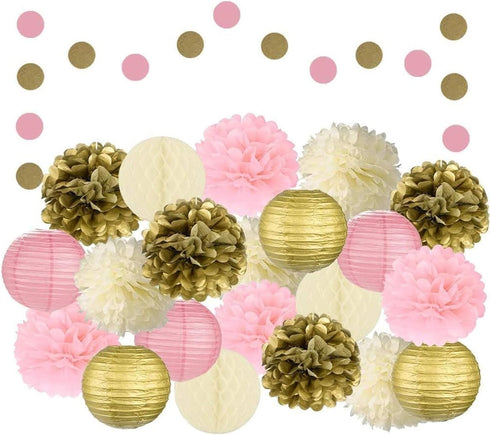 EpiqueOne 22-Piece Tissue Paper Pom Poms Party Set, Pink, Gold & Ivory for Birthdays, Showers & More