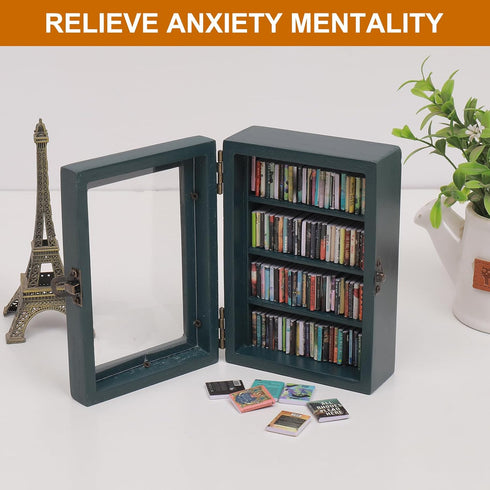 CLVTREBETO 100pcs Anxiety Mini Bookshelf Ornament with Mini Books | Miniature Bookshelf Decor |Shake Away Your Anxiety