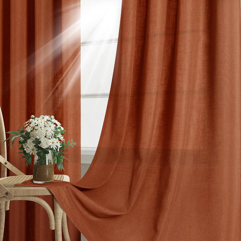 Terracotta Linen Curtains, 84 Inch Length 2 Panels Set for Living Dining Room, Light Filtering Semi Sheer Drapes