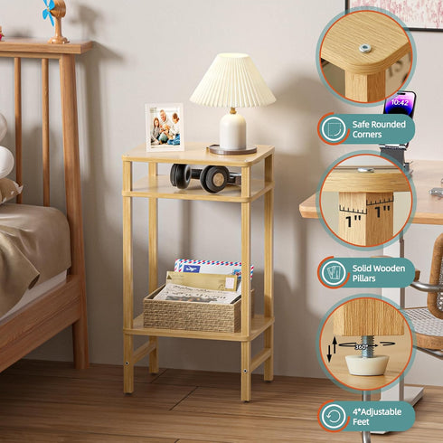 3-Tier YUFAM Side Table End Table Tall Night Stand for Living Room Bedroom Bathroom Office Furniture Natural