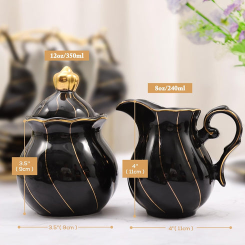 Set, 1 (12 OZ), 1 (8 OZ), Set, DUJUST Black Cream & Sugar Luxury British Design in Golden Trims, Sugar Bowl with Lid