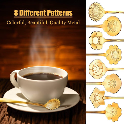 Chengu 8 Pieces Flower Coffee Tea Spoons Stainless Steel Sugar Spoons Set, 8 Different Patterns (Gold)