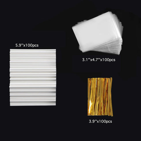 Dycica 300PCS Cake Pop Sticks, Cellophane Treat Bags & Twist Ties, Candy Wrapping Kit for Parties