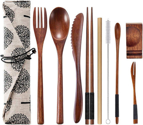 OKA Reusable Wooden Travel Cutlery Set, Japanese Style Lunch Utensil Set with Case, 9 Pcs Wooden Flatware.