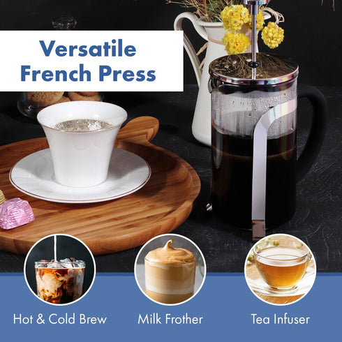 Any Morning 11 oz French Press Coffee and Tea Maker, Silver with Triple Stainless Steel Filters & Borosilicate Glass