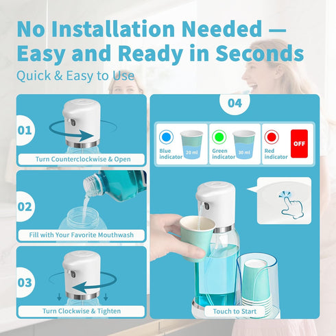 WannSenn Set, 25oz Automatic Mouthwash Dispenser for Bathroom Smart Electric Mouthwash Dispenser with Cup Holder