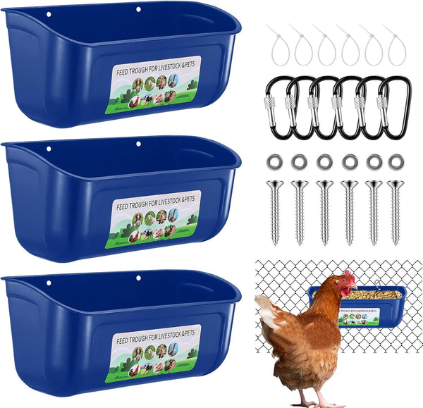 Chicken Feeder Waterer, 3 Pack Duck Feeder Supplies, Hanging Fence Feed Trough