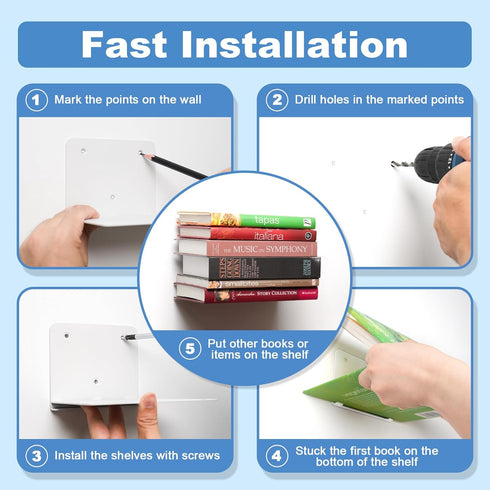 6-Pack FENTEC Floating Book Shelves for Wall, Wall Mounted Invisible Floating Bookshelf, Heavy-Duty Hanging