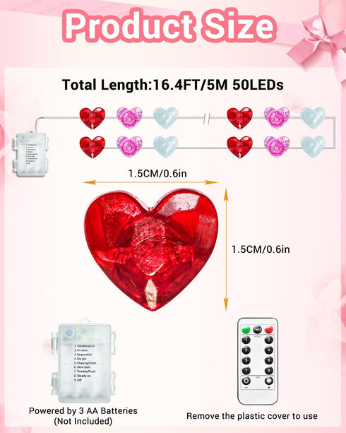 16.4FT 50 8 btfarm LED Valentine's Day Lights with Remote Timer, Red Pink White Heart Shaped Fairy String Lights