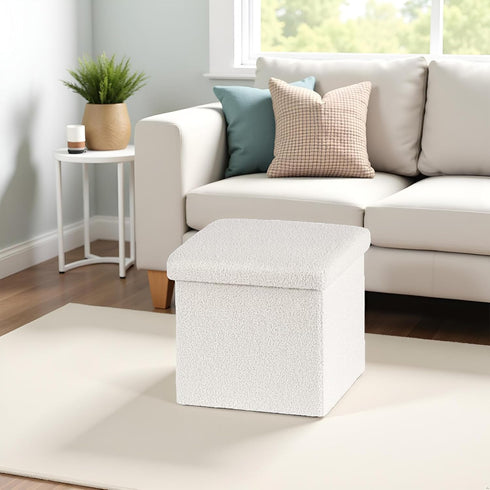 15 Inches Bedroom,15" 15" 15" Small Storage Ottoman - Square Ottoman with Sherpa Top,Storage Bench for L x W x H-White