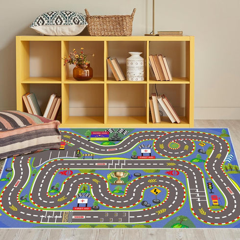 5939 3D Kids Rug, Race Track Playmat Rugs in Kids Carpet with Rubber Backing, Start and Finish line Racing Track