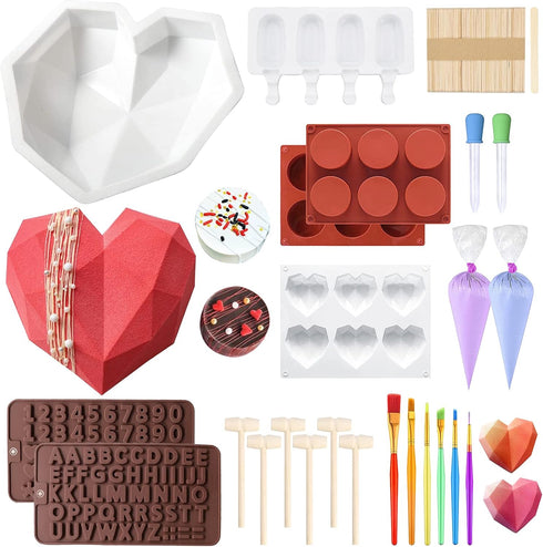 Qefuna Heart Shaped Chocolate Mold Set Includes Round Cylinder Candy Mold,Cavities Heart Mold,Piping