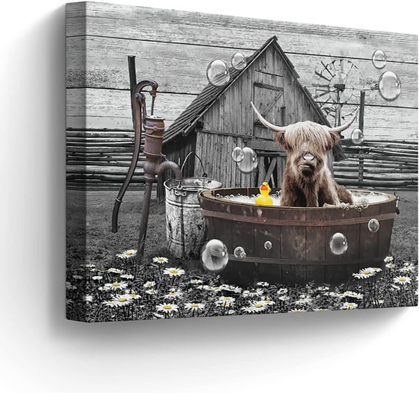 Farmhouse Bathroom Decor Wall Art, Funny Highland Cow in Bathtub, Rustic 12"x16" Framed Bathroom Cow Painting