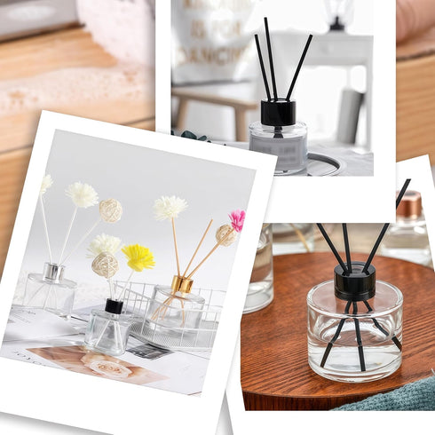 QUUPY 2 50ml/1.7oz Pcs Clear Round Empty Glass Diffuser Bottles Jars Containers Fragrance Accessories with Black Lid