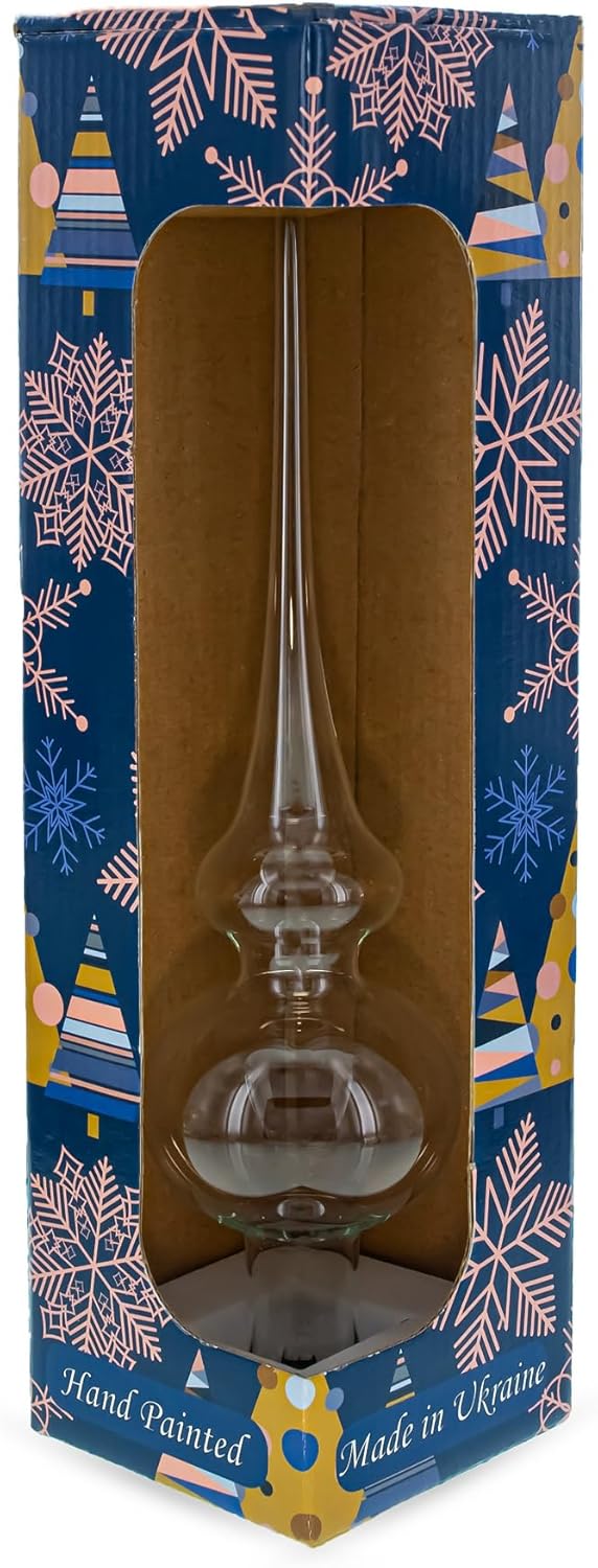 Dimensional Roses on Sparkling Beige Mouth Blown Glass Christmas Tree Topper, 11 Inches