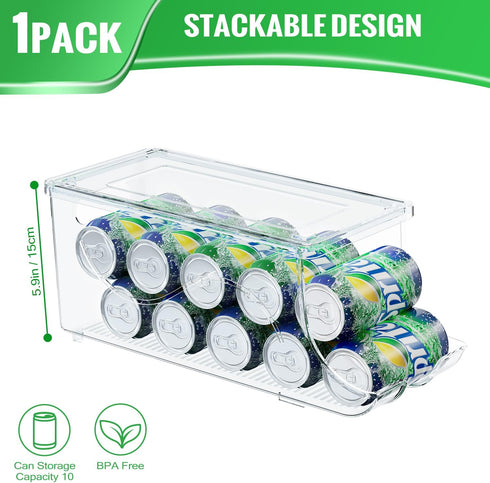 Soda Can Organizer for Refrigerator, Stackable Canned Food Pop Cans Container Can Holder Dispenser with Lid for Fridge Pantry Rack Freezer, Clear Plastic Storage Bins (Holds 10 Cans)