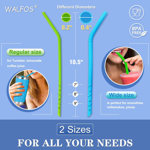 Walfos Reusable Silicone Straw, 2 Size Flexible Drinking Straws for Smoothies, BPA Free, 4 Wide + 4 Regular