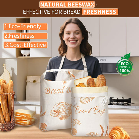 BATJA ZYQGH Sourdough(2 Pack), 100% Beeswax Bread Bags for Bread Bags for HomemadeBread, Beeswax Bread Bag, Keep