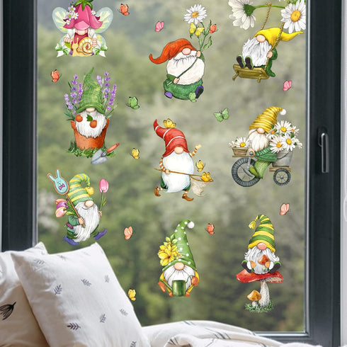 Mfault 9 Sheets Spring Gnomes Flowers Window Clings, Floral Glass Stickers Decals for Home Kitchen Decor