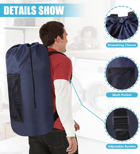 Laundry Bag Backpack, Portable with Adjustable Straps, Travel Dirty Laundry Bag for College (Dark Blue)