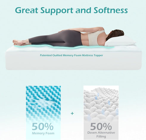 Hansleep Memory Foam Twin Size Mattress Topper - Gel Twin Mattress Pad with Deep Pocket, 39x75 Inches, White