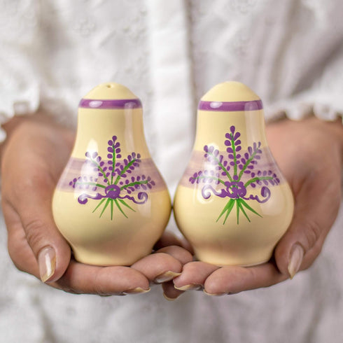 City to Cottage Ceramic Salt and Pepper Shakers Set, Handcrafted Cream Lavender Floral Spice Shakers for Farmhouse