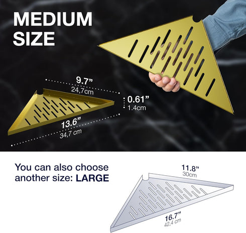 iReef way 14" Corner Shower Shelf for Inside Shower - Adhesive/Stick/Drill/No Drill - Floating Strong Gold Corner