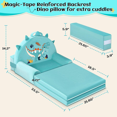 Cozy Dinosaur Kids Sofa Bed with Removable Washable Cover & Magic-Tape Backrest Foldable Toddler Chair, Crystal Velvet