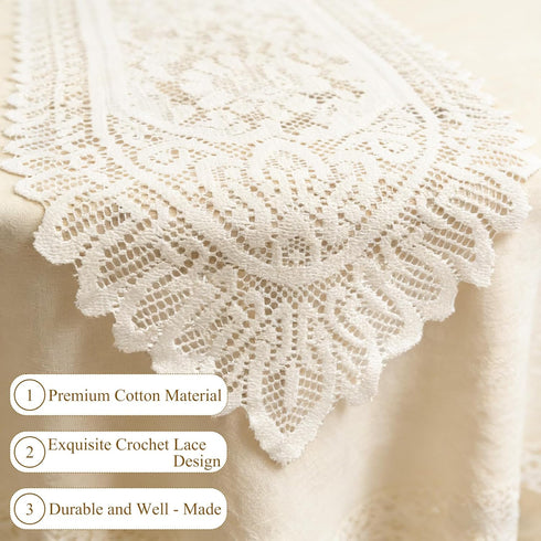 2 Pack Tinsow Cotton Crochet Lace Rectangular Table Runner Dresser Scarf Doilies (Beige Without Tassels)