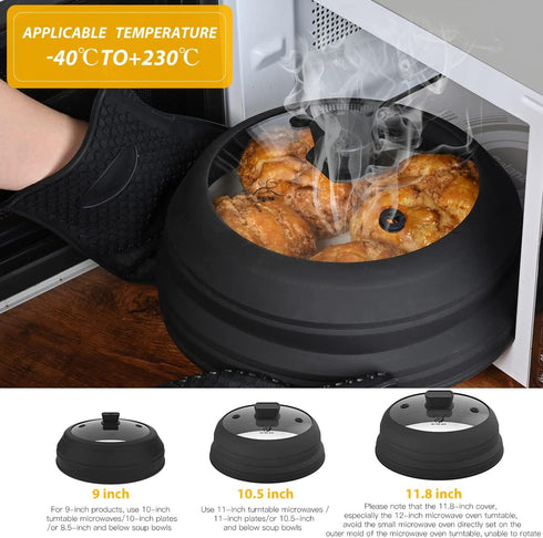 Microwave Splatter Cover Glass Guard Lid with Collapsible Silicone, 10.5 inch, Black