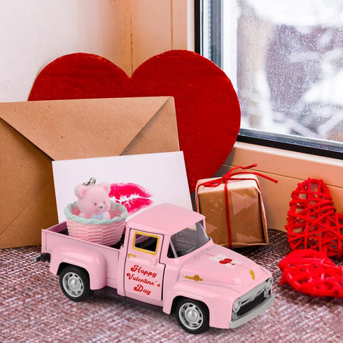 Hooqict Pink Valentines Day Mini Metal Truck with Flower Basket Romantic Love Heart Truck for Valentine's Day Gifts
