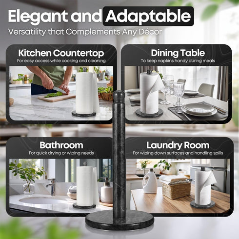 12 inch Countertop Flexzion Marble Paper Towel Holder (Black) - Kitchen Paper Towel Holder Stand Rack with Roll