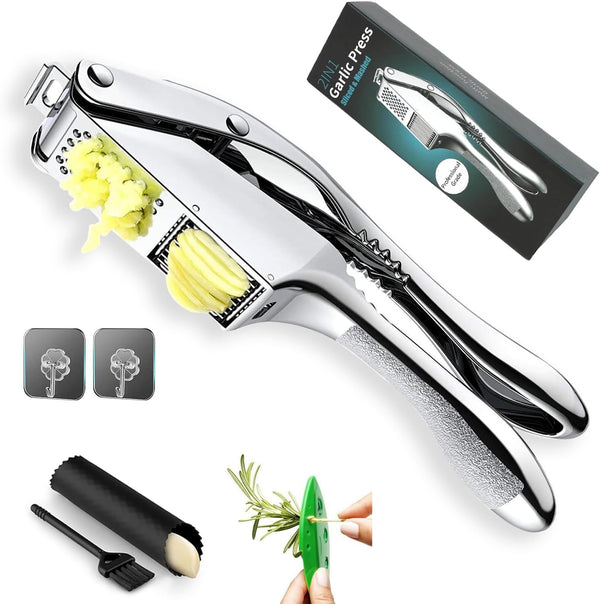 SAYLVME Garlic Press and Slicer 3 In 1, Food Grade Stainless Steel Garlic