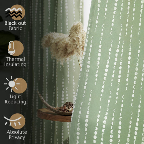 jinchan 95% 84 inch Set 2 Blackout Bohemian Moon Phase Print Bedroom Curtains Long sage Green Pole Pocket Rear tab
