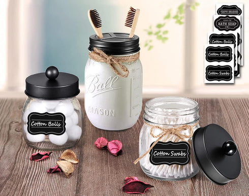 Mason Jar Bathroom Accessories Lids Set (4pcs) - Soap Dispenser, Toothbrush Holder, Apothecary Jars Lids - Black