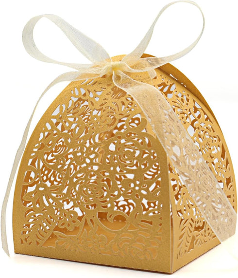 KPOSIYA 100 Pack Laser Cut Rose Candy Boxes, 2.5"x2.5"x3.1", Gift Boxes for Bridal Shower, Birthday Party, Yellow