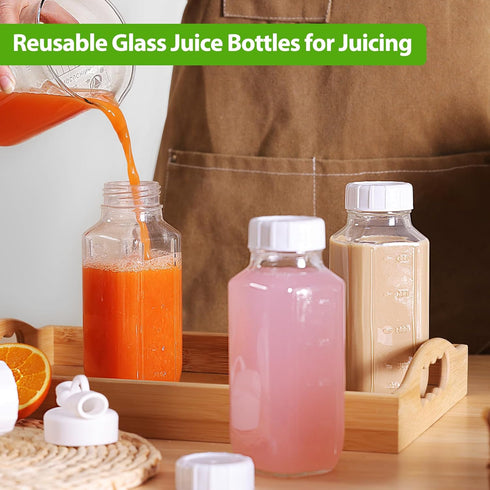 6 Pack 16 Oz CUCUMI Glass Milk Bottles with Lids, Glass Juice Bottles with Scale & Silicone Pour Spout, Reusable Juice