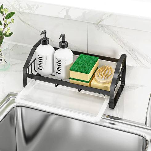 Sink Caddy, Sponge Holder for Kitchen Sink, 304 Stainless Steel Organizer with Removable Drain Tray (Black)